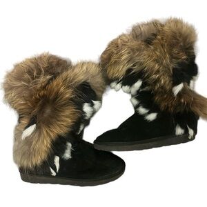 Black Faux Fur Suede Flat Mid Calf Winter Boots Size 6